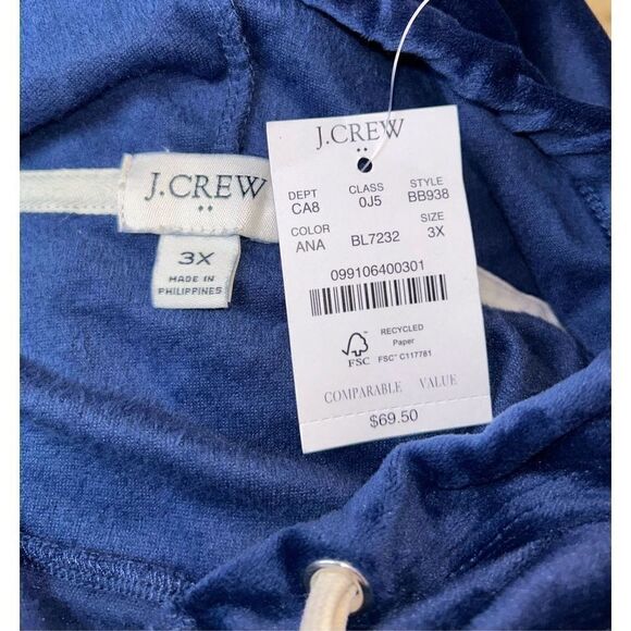 NWT J.Crew blue velour hoodie size 3X - Picture 3 of 3
